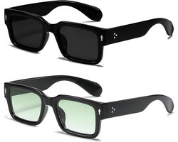 Set van twee vierkante zonnebrillen – Stijlvolle en duurzame rechthoekige zonnebrillen – Unisex – UV400-bescherming – Zwart montuur met grijze glazen – Zwart montuur met groene glazen