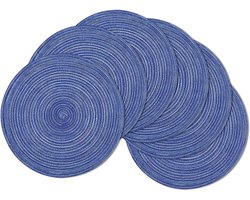 Set van zes ronde, geweven placemats, wasbaar, antislip en hittebestendig, geschikt als onderzetters voor de keuken- of eettafel, en als woondecoratie,Blauw - Diameter 11 cm