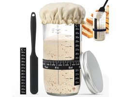 Set voor het fermenteren van zuurdesem, inclusief een fermentatiepot van 730 ml, een doseerring met datummarkering en een siliconen brooddraagzak.