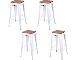 SET X 4 BARKRUKKEN IN MAT WIT METAAL MET HOUTEN ZITTING 42,5X42,5X77CM