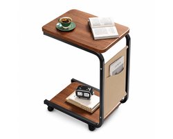 Seth Select Bijzettafel met Wielen – Verrijdbare Laptoptafel met Opbergtas, Massief Houten Blad en Metalen Frame – Bruin