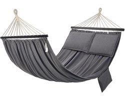 Seth Select Hangmat 210x150 cm met Houten Spreidstokken – Inclusief 2 Kussens – Belastbaar tot 300 kg – Grijs/Zwart