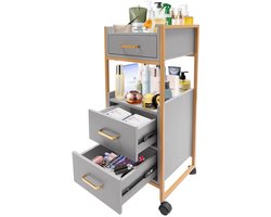 Seth Select Salon Trolley met Wielen - Kapper Kar - Salon Opbergkast met 3 Laden – Stevig en Verrijdbaar – Modern Goud/Grijs Design