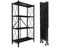SEVEN COMFORT Inklapbaar rek, 4 etages, Met 360° wielen, 72x37x124CM, opbergrek, metalen rek met wielen, Maximale draagkracht per verdieping 20 kg, voor keuken, badkamer, woonkamer,Zwart