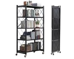 SEVEN COMFORT Inklapbaar rek, 5 etages, Met 360° wielen, 71.5x36.5x163CM, opbergrek, metalen rek met wielen, Maximale draagkracht per verdieping 20 kg, voor keuken, badkamer, woonkamer,Zwart