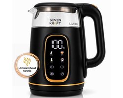SEVENKRAFT Design Waterkoker 1,7L - Instelbare Temperatuur (40-100°C) - Zwart / Goud- Waterkoker Retro - Waterkoker met temperatuurregeling- Glas - 2200W