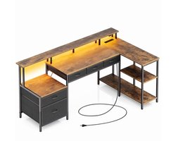 Seventable L-vormig bureau met stopcontact en LED, computerbureau met laden en archiefkast, omkeerbaar thuiskantoor bureau met opbergplanken, hoekgamingbureau met monitorstandaards, vintage bruin