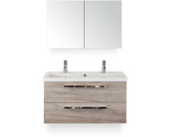 Seville Badmeubelset 100 cm - Craft Oak - Wastafel Djazz 2 kraangaten - met Spiegelkast