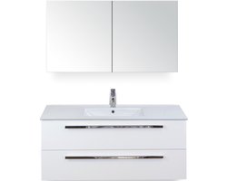 Seville Badmeubelset 120 cm - 2 Laden Wit Hoogglans - Wastafel Enjoy Enkel met Spiegelkast