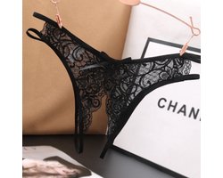 Sexy String met Open Kruis - Zwart - Ontwerp met Kant - Erotisch Design met Strik - One Size String - Dames Onderbroek - Lingerie / Ondergoed