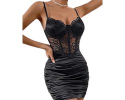 Sexy Zwarte Jurk Dames – Sexy Lingerie – Erotische lingerie – Kant & Satijn Bodycon Jurk – Boudoir Lingerie Look – Corset Jurk – Verleidelijke Mini Dress – Maat S, M, L, XL