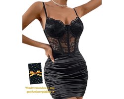 Sexy Zwarte Jurk Dames – Sexy Lingerie – Erotische lingerie – Lingerie Erotisch – Kant & Satijn Bodycon Jurk – Boudoir Lingerie Look – Corset Jurk – Madam Hommard – Clubwear – Festival Verleidelijke Mini Dress – Dare to Undress – Maat XS, S, M, L, XL