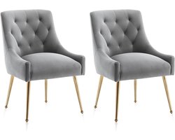 SEYNAR Set van 2 Eetkamerstoelen – Grijze Fluwelen Stoelen met Gouden Metalen Poten – Comfortabele Accentstoelen voor Woonkamer en Eetkamer