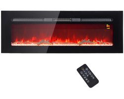 Sfeerhaard Elektrisch met Wandmontage - Haard met Verwarming - Realistisch LED-vlameffect - 1800 W - met Afstandsbediening, Kunstmatige Houtblokken en Kristallen - Openhaard - Kachel Vrijstaand - Zwart