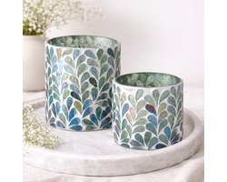 Sfeerlichten Kirkas set van 2 van glas met ingelegde blaadjes met paarlemoer effect