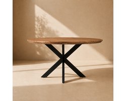 Sfeerwonen Enzo Tuintafel Rond - 130 cm – Mangohout Naturel – Outdoor – Swiss Edge – Matrix Spinpoot Zwart - 6 personen