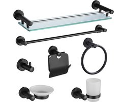 SFT Products - Watford - Badkamer Accessoires Set - 7-delig Zwart -Handdoekring - Zeephouder - Bekerhouder- WC Rolhouder - Badkamer Wandplank - Handdoekhaak - Zwarte Badkamer Accessoires