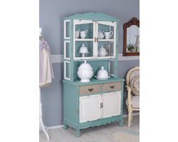 Shabby Chic Vitrinekast Villa Ravena – Vintage Landhuis Keukenkast met Vitrinedeuren, Laden & Onderkast – Massief Oud Hout – 184x90x43 cm – Turquoise Buffetkast – Novihome