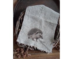 Shabby linnen doekje met afbeelding egel gekleurd / Landelijke shabby doek egel