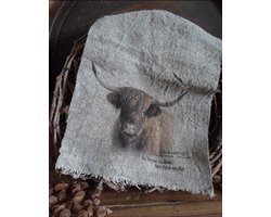 Shabby linnen doekje met afbeelding hooglander gekleurd / Landelijke shabby doek hooglander