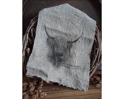 Shabby linnen doekje met afbeelding hooglander mat zwart / Landelijke shabby doek hooglander matzwart