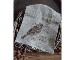 Shabby linnen doekje met afbeelding mus gekleurd / Landelijke shabby doek mus