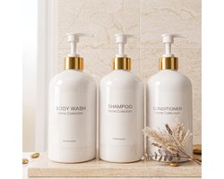 Shampoo en Conditioner Dispenser Set - 3 Stuks - 500 ml - Wit & Goud - Navulbare Zeeppomp Badkamer Accessories wit