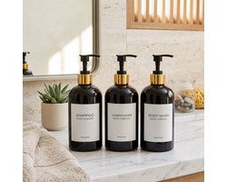 Shampoo en Conditioner Dispenser Set - 3 Stuks - 500 ml - Wit & Goud - Navulbare Zeeppomp Badkamer Accessories zwart
