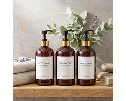 Shampoo en Conditioner Dispenser Set - 3 Stuks - 500 ml - zwart & goud - Navulbare Zeeppomp Badkamer Accessories bruin