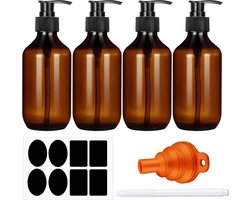Shampoodispenser, 4 stuks 300 ml shampooflessen om te vullen, douchegeldispenser, pompdispenser, bruine pompfles, met trechteretiketten, krijt, geschikt voor lotion, douchegel, shampoo