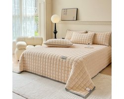 SHANNA Extra Groot Bedsprei: Licht Melk Fluwelen 3-delige Bedsprei 230 x 250 cm met 2 Kussenslopen 50 x 70 cm Elegant Tweepersoonsbed Gevoerd en Gewatteerd voor Woonkamer (Licht Camel)