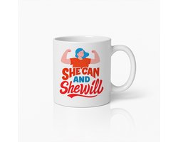 She Can and She Will Mok 330ml – Motiverende Feministische Koffiebeker, Inspirerend Cadeau voor Sterke Vrouwen