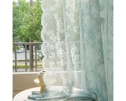 Sheer Vitrage Gordijnen Blauwgroen met Bloemmotief en Geschulpte Rand - 2 Panelen Set