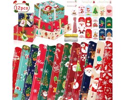 Shinybox Cadeaupapier voor Kerstmis, 12 stuks kerstcadeaupapierset en 20 stuks cadeaulabels met cadeaulinten, kinderkerstpapier om te knutselen, voor kerstcadeauverpakking