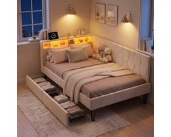 SHOPENTRA 2-in-1 Bedbank 90x200 cm Beige Fluweel – Opbergbed met 2 Lades, LED Hoofdbord, USB & Type-C Poorten en Lattenbodem