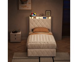 SHOPENTRA Hydraulisch Opbergbed 90x200 cm Beige Fluweel – Eenpersoonsbed met LED Hoofdbord, USB & Type-C Poorten, Opbergruimte en Lattenbodem