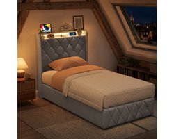 SHOPENTRA Opbergbed 90x200 cm Grijs Fluweel – Eenpersoonsbed met Hydraulische Opbergruimte, LED Hoofdbord, USB & Type-C Poorten, Lattenbodem