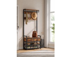 ShopWizz Industriële Kapstok - Zitbank - Schoenenrek - Lades - Hal - Gang of Entree - 181,6 cm hoog - 81 cm breed - Zwart en Hout