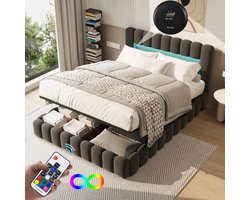 ShopWizz Velvet Bed - 140x200 cm - Bedframe - Zonder Matras - Hoofdeinde Met LED Verlichting en USB Poort - Linnen - Grijs