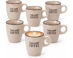 Siaki koffie kopjes Barista Cafe - 6x stuks - beige - 220 ml - mokken - keramiek - 10 cm - met koffie thema teksten