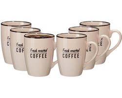 Siaki koffie kopjes Barista Cafe - 6x stuks - beige - 340 ml - mokken - keramiek - 10 cm - met koffie thema teksten