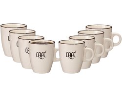 Siaki koffie kopjes Barista Cafe - 8x stuks - creme wit - 220 ml - mokken - keramiek - 10 cm - met koffie thema teksten