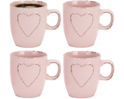 Siaki Koffiemokken set Heart - 4x - lichtroze - 150 ml - mokken - met tekst - keramiek - giftset