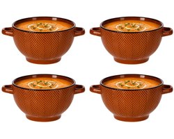 Siaki Soepkom Fishbone - 4x - met oor terra - 14 x 18 x 8cm - keramiek - kommetjes/schaaltjes - 680 ml