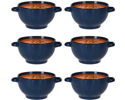 Siaki Soepkom Fishbone - 6x - met oor blauw - 14 x 18 x 8 cm - keramiek - kommetjes/schaaltjes - 680 ml