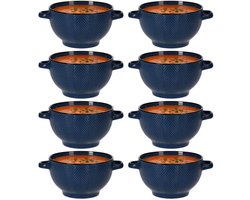 Siaki Soepkom Fishbone - 8x - met oor blauw - 14 x 18 x 8 cm - keramiek - kommetjes/schaaltjes - 680 ml