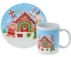 SIAKIKerst servies setje - bordjes, beker - 2-delig - blauw met kersthuis - voor kinderen - ontbijtsetje - kerstservies