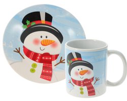 SIAKIKerst servies setje - bordjes, beker - 2-delig - wit met sneeuwpop - voor kinderen - ontbijtsetje - kerstservies