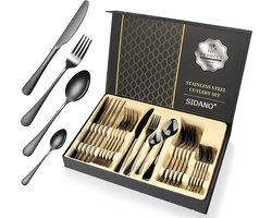 SIDANO® Bestekset Zwart van roestvrij staal 24-delig voor huis keuken restaurant bestek set met geschenkdoos voor 6 personen - Zwart - Black