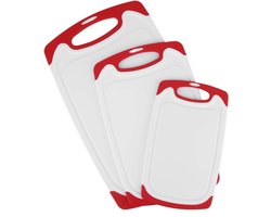 SIDANO snijplanken, set van 3 kunststof snijplanken met sapgleuven en antislip handvatten, antibacterieel, vaatwasmachinebestendig, 3 maten Te gebruiken voor vis, vlees, groente, fruit - wit/rood